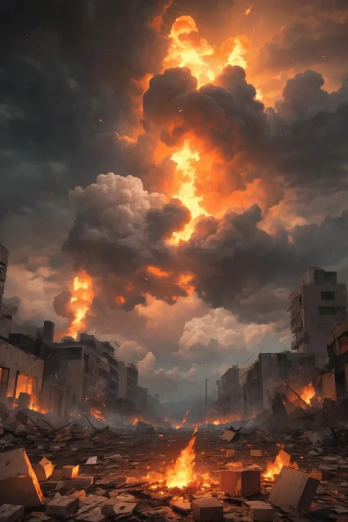 An AI generated image using stable diffusion showcasing an apocalyptic cityscape with burning ruins and a fiery sky.