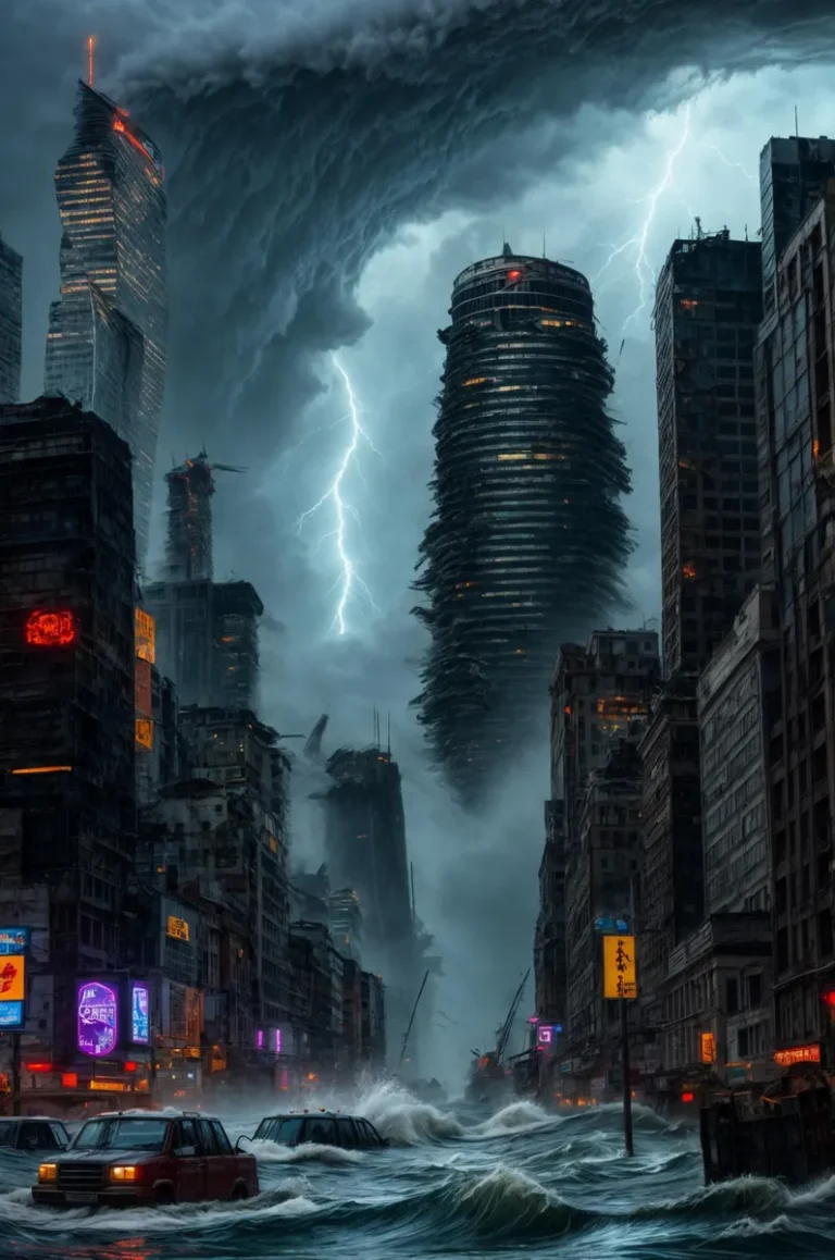 A chaotic, AI generated image using Stable Diffusion of an apocalyptic cityscape under heavy storm with flooding on the streets, damaged skyscrapers, and lightning.