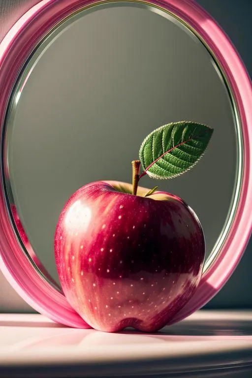 A realistic AI generated image showing an apple placed in front of a circular mirror using Stable Diffusion.