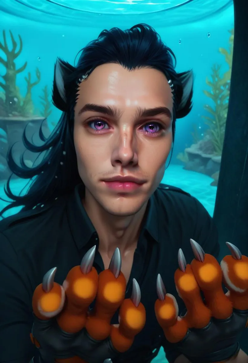 Aquatic humanoid fantasy character with feline features and purple eyes underwater. AI generated image using stable diffusion.