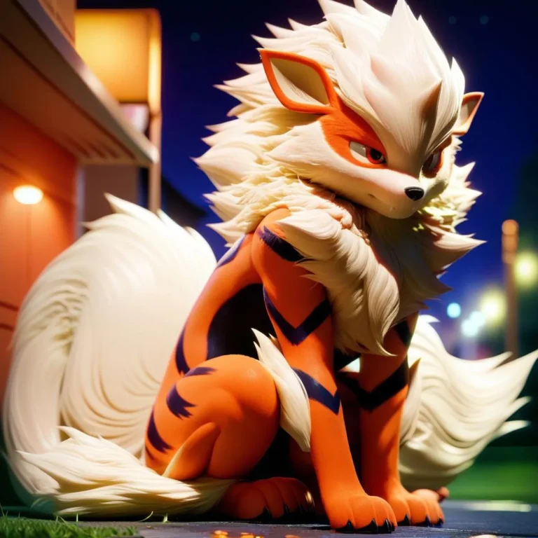 AI generated image of Arcanine, a Pokemon, with a night-time urban background using Stable Diffusion.