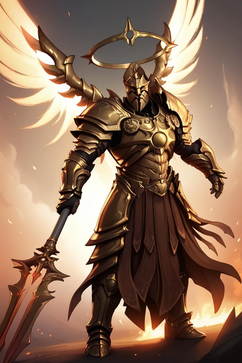 An AI generated image of an angelic warrior clad in elaborate golden armor, with majestic wings and a halo, holding a weapon.
