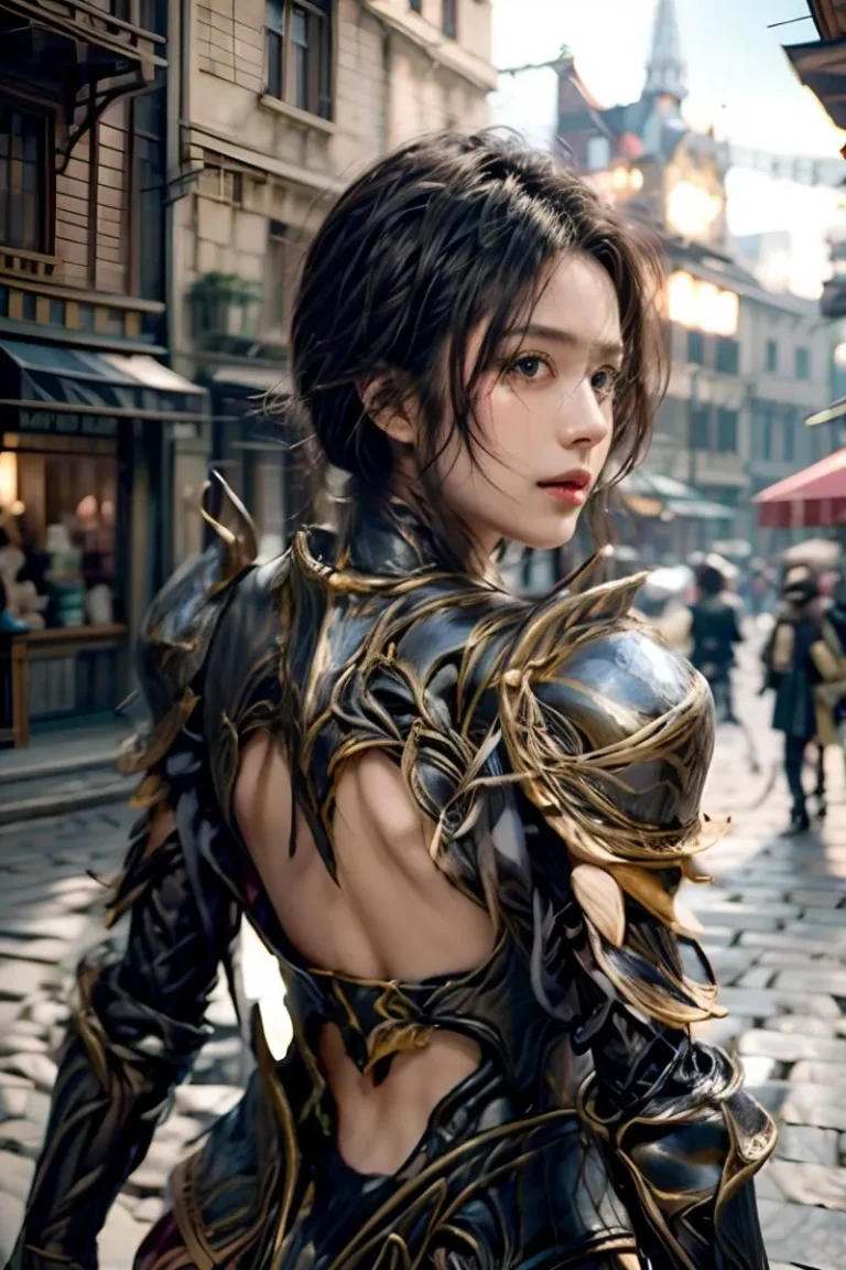 A woman with short hair wearing intricate and futuristic armor stands in a cyberpunk city street. AI generated image using Stable Diffusion.