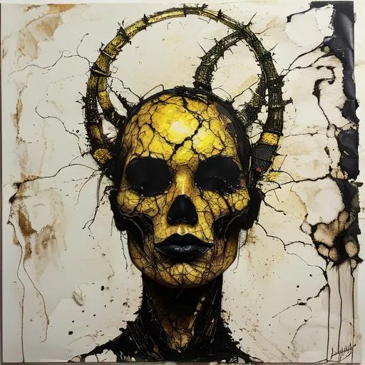 Dark fantasy themed AI generated image of an artistic skull with cracked golden surface, surrounded by a thorn-like halo, created using Stable Diffusion.