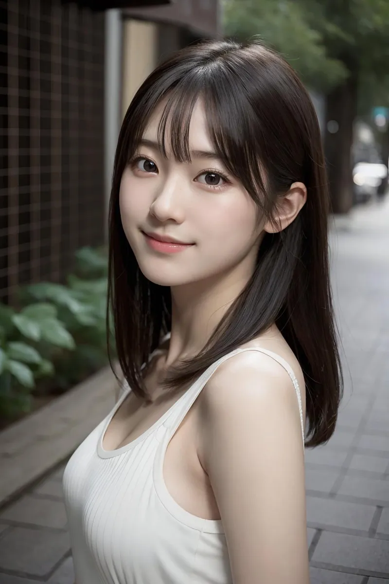 AI generated image of an Asian woman with straight black hair and bangs, wearing a white sleeveless top, standing outdoors with a slight smile.