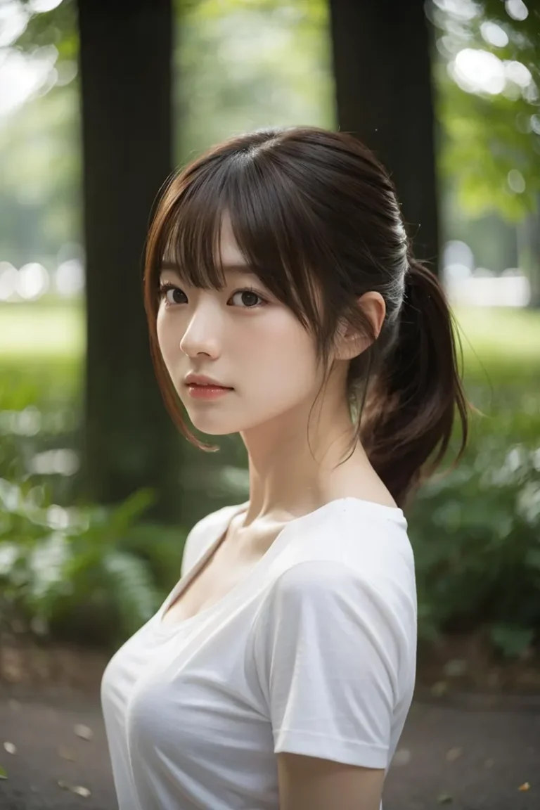 Portrait of a young Asian woman with medium-length dark hair in a ponytail, wearing a white t-shirt, captured outdoors. AI generated image using Stable Diffusion.