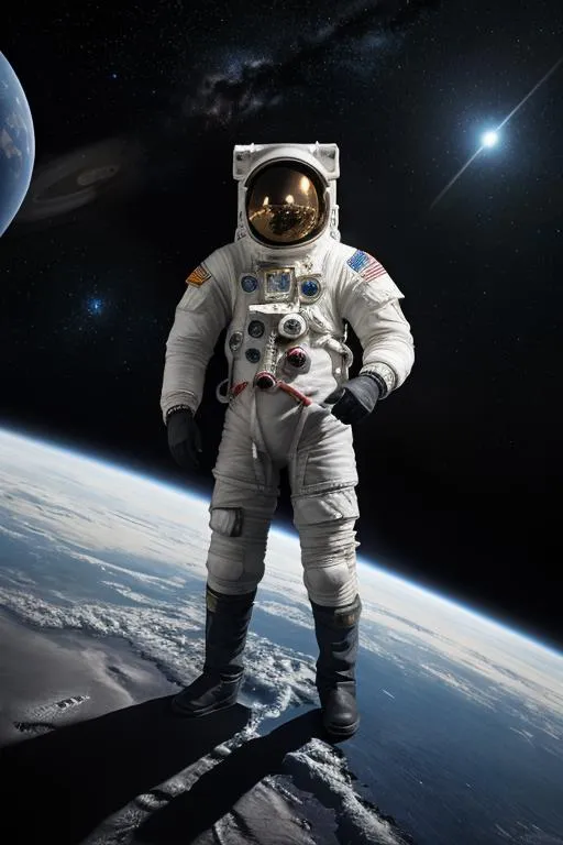 Astronaut in a detailed space suit standing on a celestial body with a starry background created using Stable Diffusion.