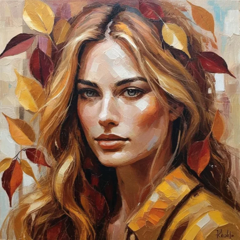 A textured painting of a woman with autumn leaves in her hair, AI generated using Stable Diffusion.