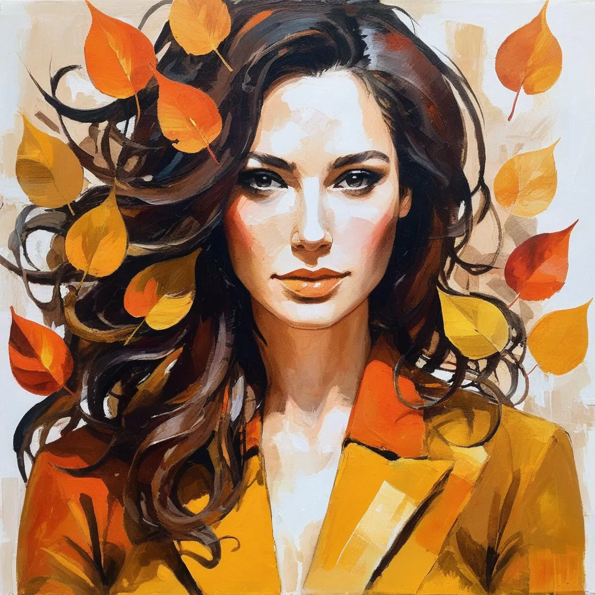AI generated image of a woman with long brown hair surrounded by fall leaves, wearing an orange and yellow outfit using stable diffusion