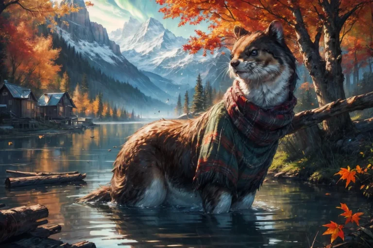 Anthropomorphic cat wearing a scarf in a lake with mountains and autumn trees. AI generated image using Stable Diffusion.