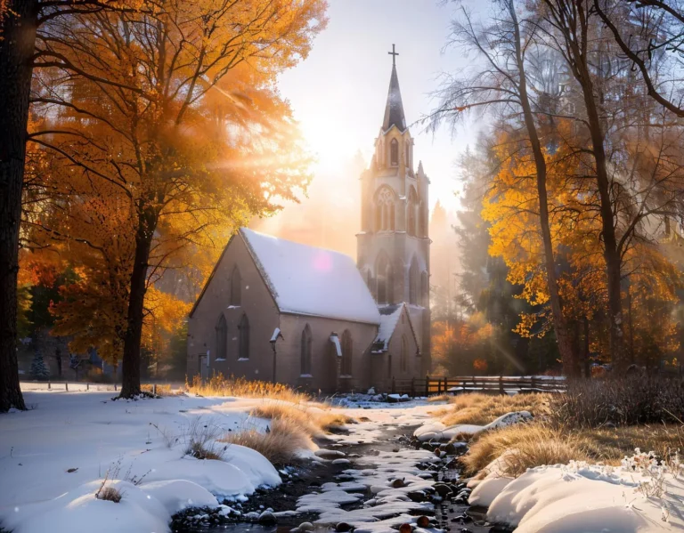 AI generated image using Stable Diffusion of a church bathed in sunlight, surrounded by fall foliage and snow.