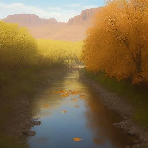 Serene river flowing through autumn foliage with orange and yellow trees, created using Stable Diffusion.