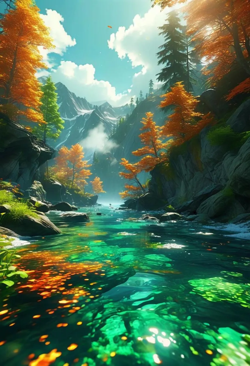 Vibrant autumn landscape featuring a mountain valley with colorful trees and a bright turquoise river. AI generated image using Stable Diffusion.