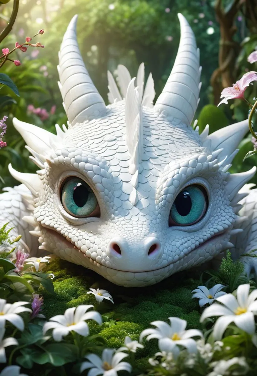 A cute baby dragon with large turquoise eyes, white scales, and horns, resting among blooming flowers and lush green foliage, AI generated using Stable Diffusion.