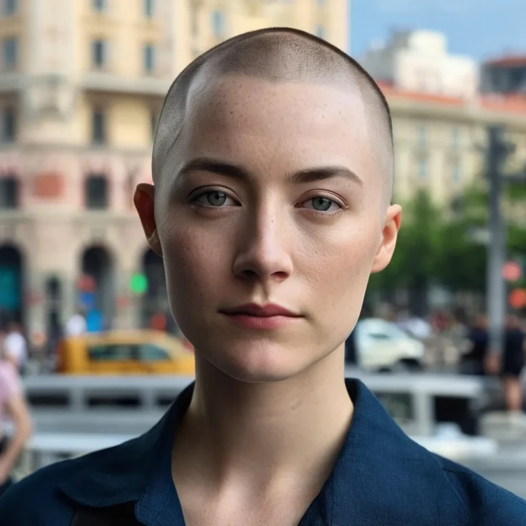 A detailed close-up portrait of a bald woman with a serene expression, set against a blurred urban background, created using AI and Stable Diffusion.