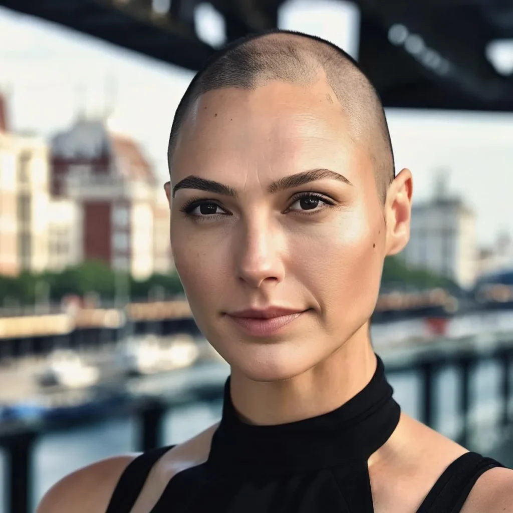 Ai-generated image of a bald woman against an urban background, created with stable diffusion.