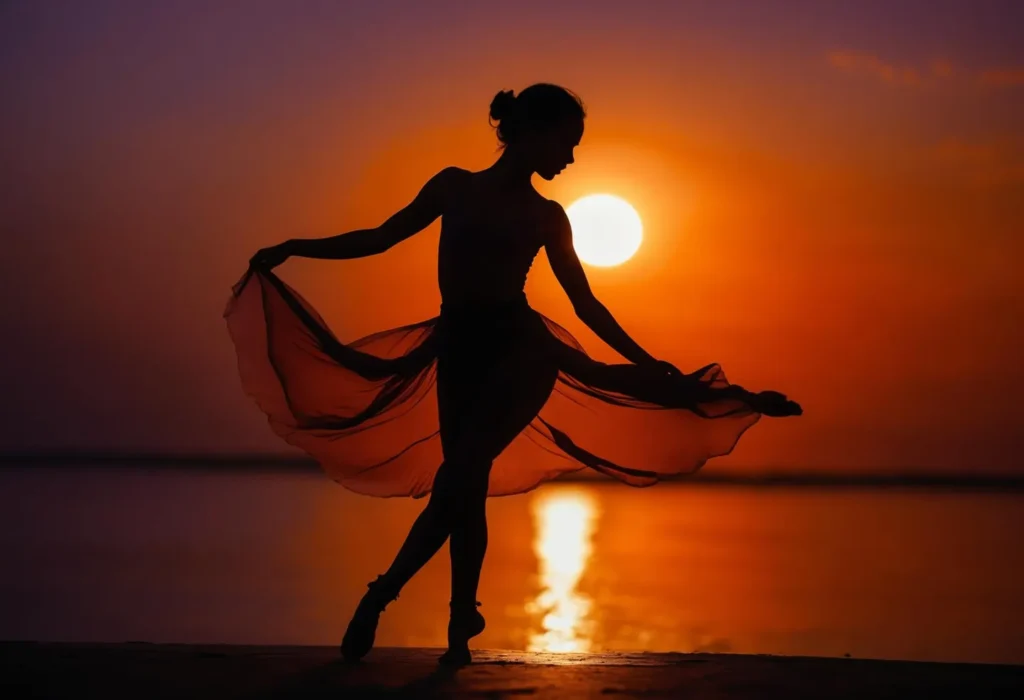 A ballet dancer's silhouette against a vibrant sunset, capturing the elegance of the dance using ai generated image from stable diffusion.