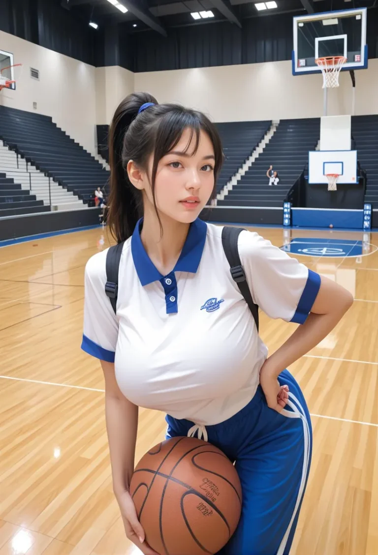 AI generated image of a girl holding a basketball and wearing a sports outfit on a basketball court. Created using stable diffusion.