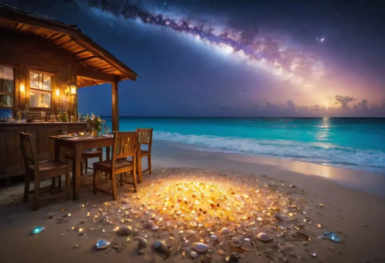 AI generated image using Stable Diffusion depicting a romantic beach dinner with a starry night sky and ocean view.