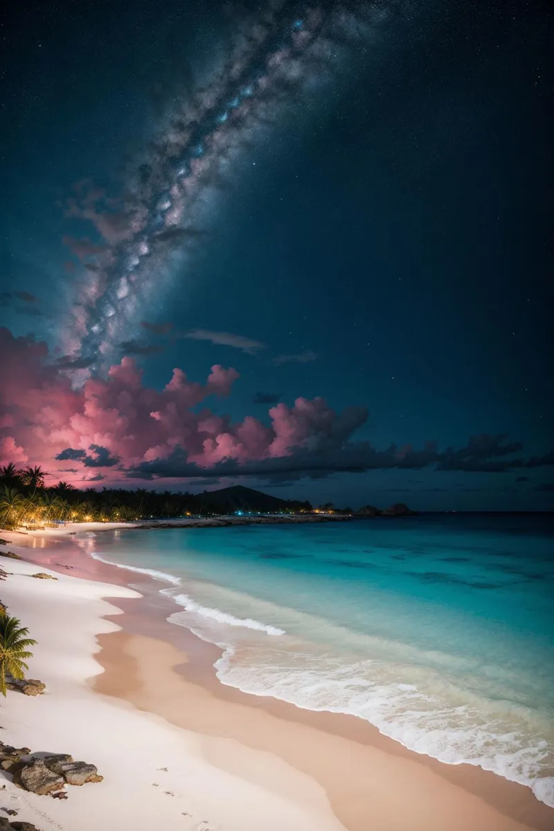Beach with a stunning night sky, showcasing the Milky Way at the horizon, created using stable diffusion.
