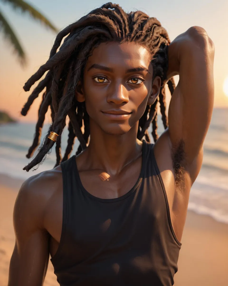 A young man with dreadlocks and a black tank top standing on a beach at sunset, generated using Stable Diffusion AI.