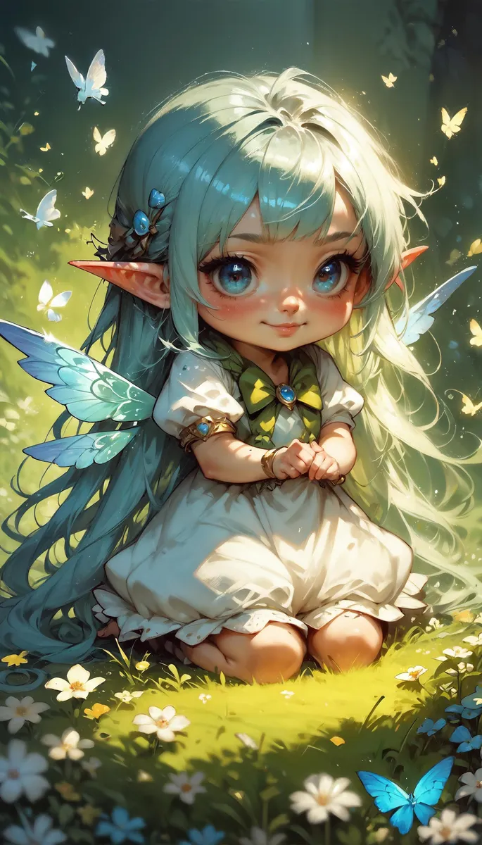 An AI-generated image using Stable Diffusion of a beautiful fairy with large blue eyes, long blue hair, and delicate blue wings, sitting on a bed of flowers with butterflies surrounding her.