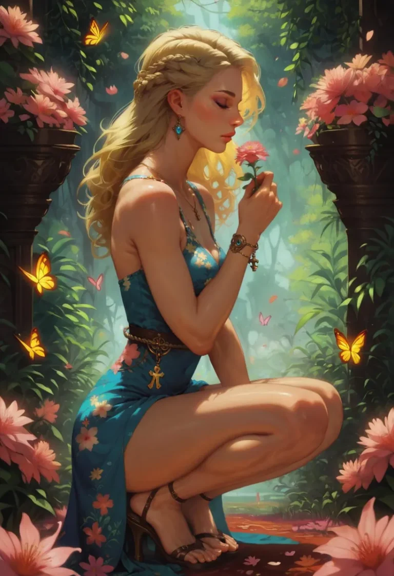 AI generated image of a beautiful girl with blonde hair in a blue dress, surrounded by flowers and butterflies in a lush garden using Stable Diffusion