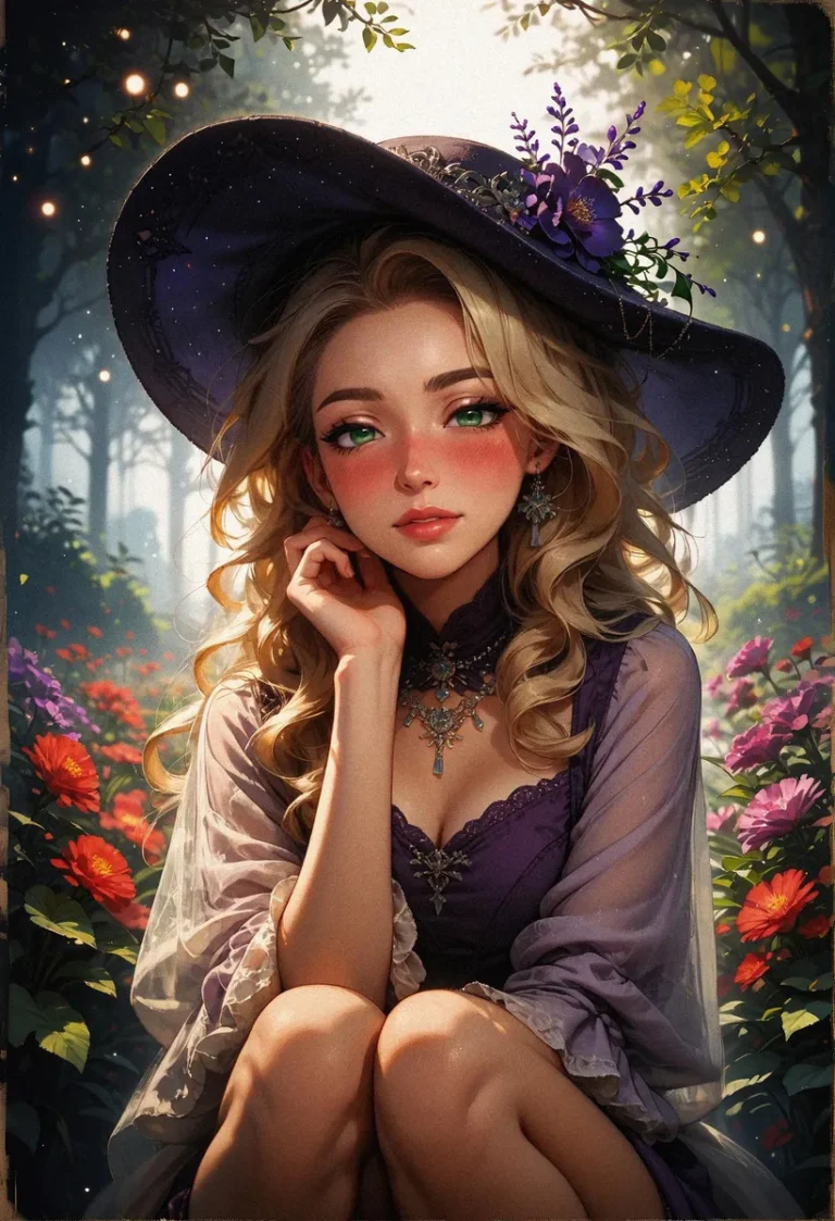 A stunning AI-generated fantasy portrait of a beautiful witch with blonde hair in a garden filled with vibrant flowers. Created using Stable Diffusion.