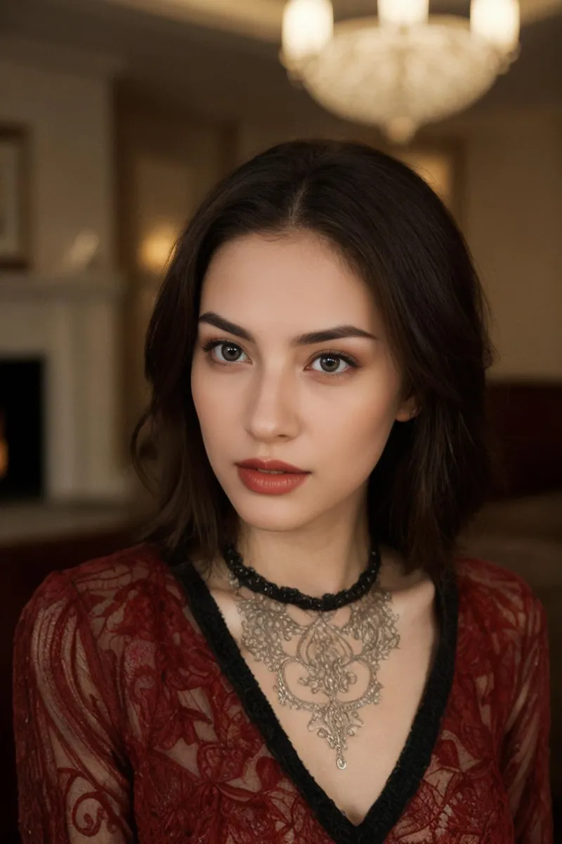 Portrait of a beautiful woman with dark hair, wearing a red vintage lace dress and an ornate choker necklace. AI generated image using stable diffusion.