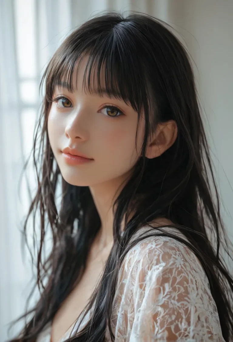 A close-up portrait of a beautiful woman with long black hair and brown eyes, wearing a delicate white lace dress, AI generated image using Stable Diffusion.