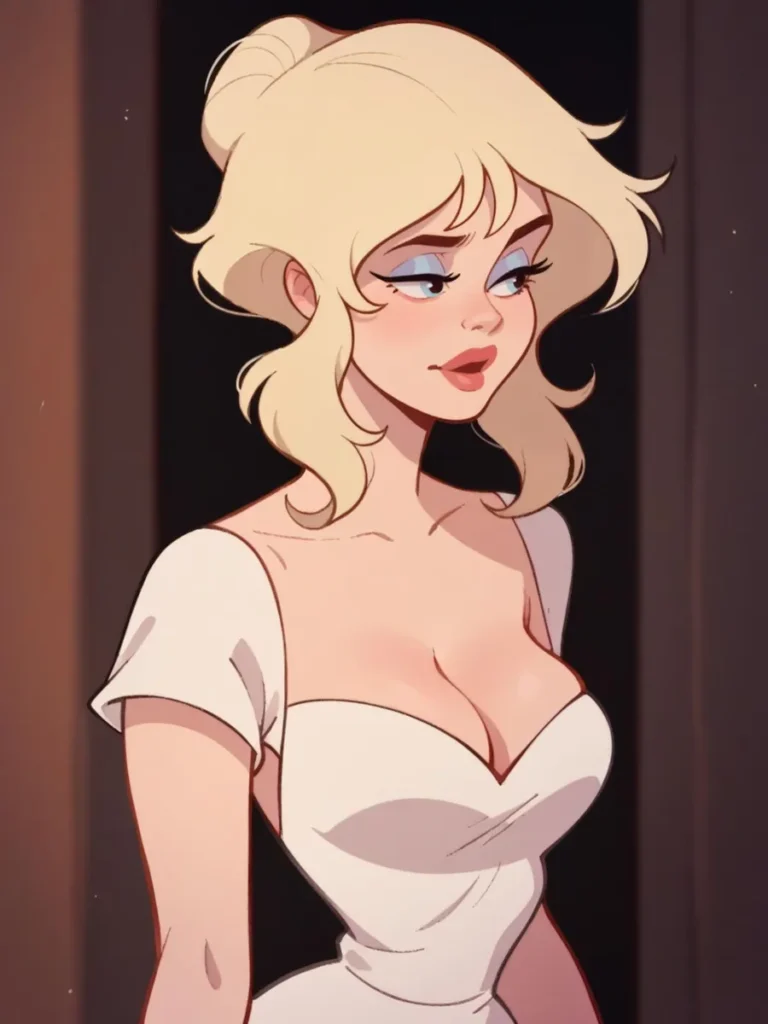 A beautiful AI generated anime-style image of a blonde-haired woman in a white dress, looking off to the side thoughtfully, created using Stable Diffusion.