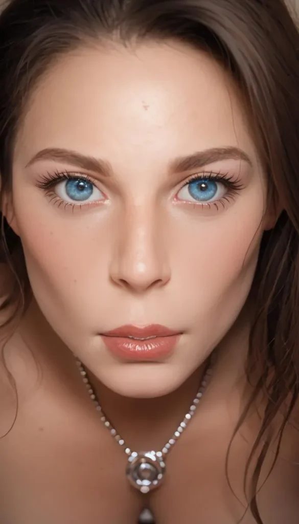 A close-up, AI generated image using stable diffusion, of a beautiful woman with striking blue eyes, light makeup, and a necklace with a circular pendant.