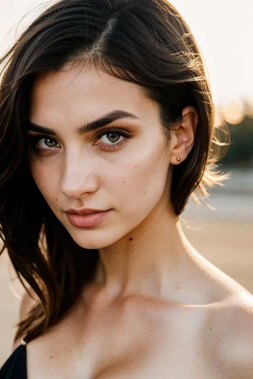 Close-up portrait of a beautiful woman with straight dark hair, high-arched eyebrows, and soft makeup created using Stable Diffusion AI.