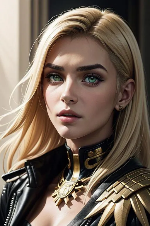 AI-generated image of a beautiful woman with blonde hair, wearing detailed fantasy armor. Created using Stable Diffusion.