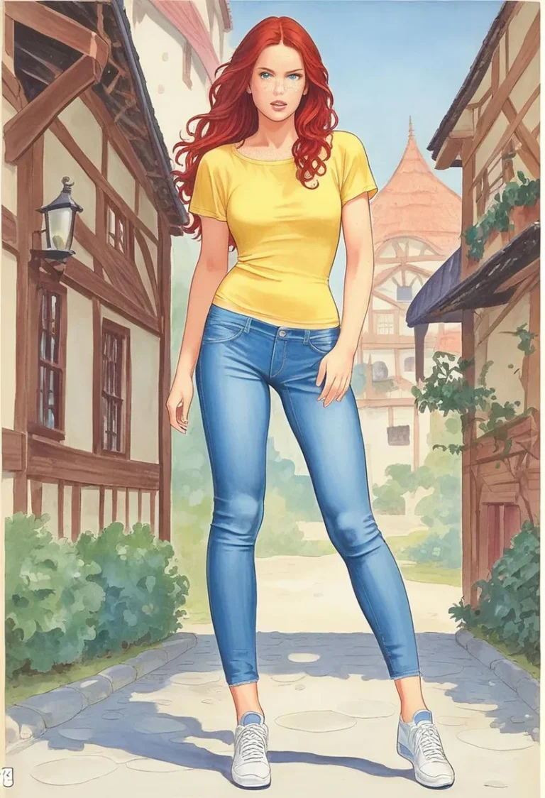 AI generated image of a beautiful woman with red hair and blue eyes, wearing a yellow t-shirt and blue jeans, standing in a medieval town street created using Stable Diffusion.