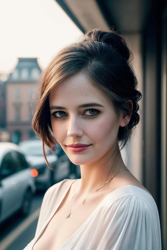 A detailed portrait of a beautiful woman with a gentle smile and an elegant updo, captured in an urban background. Ai generated image using stable diffusion.