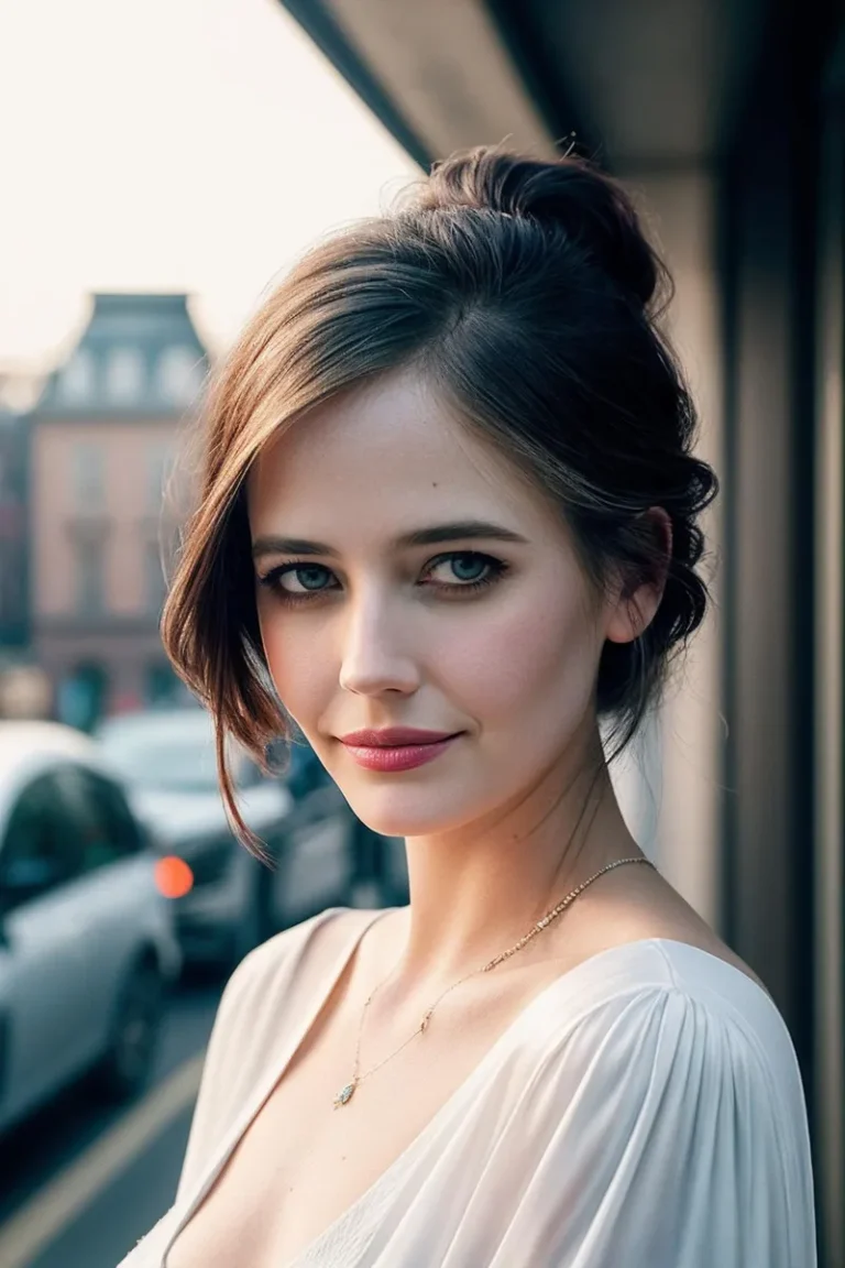 A detailed portrait of a beautiful woman with a gentle smile and an elegant updo, captured in an urban background. AI generated image using Stable Diffusion.