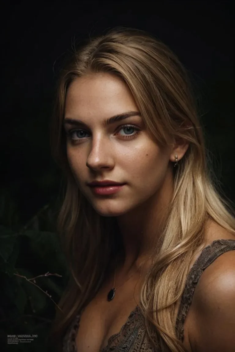 A close-up portrait of a beautiful young woman with long blonde hair, created using Stable Diffusion AI.