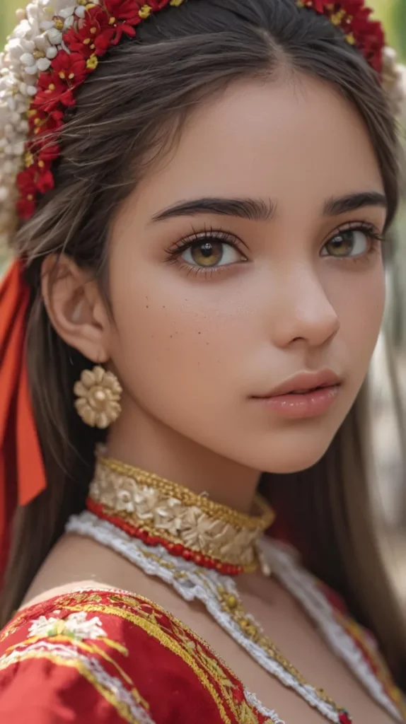 Close-up of a beautiful woman with intricate floral headpiece, gold jewelry, and traditional red dress. Emphasizes that this is an AI-generated image using Stable Diffusion.