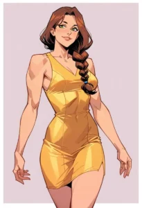 An anime-style illustration of a beautiful woman with long brown hair braided to the side, wearing a yellow dress. AI generated image using Stable Diffusion.