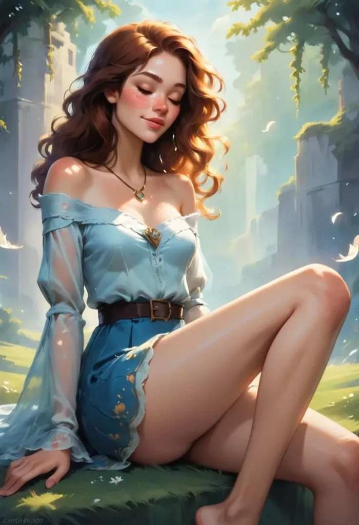 A beautiful woman with flowing auburn hair in a serene fantasy setting, created using Stable Diffusion AI.