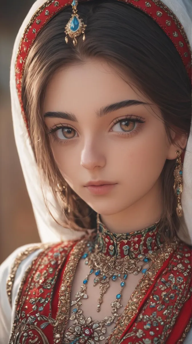 Portrait of a beautiful girl wearing a red and gold traditional dress with intricate jewelry. AI generated image using Stable Diffusion.