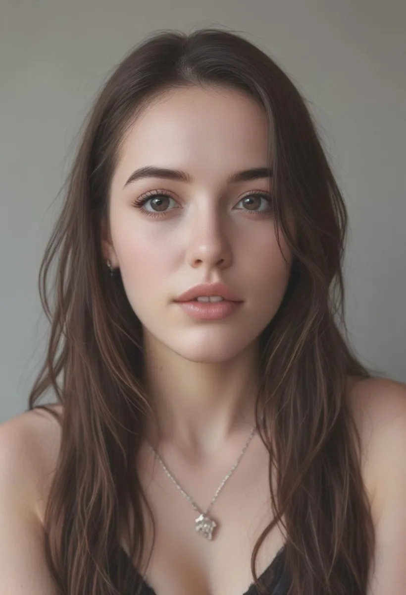 A beautiful portrait of a young woman with long, brown hair, calm expression, and soft lighting, generated using Stable Diffusion AI.