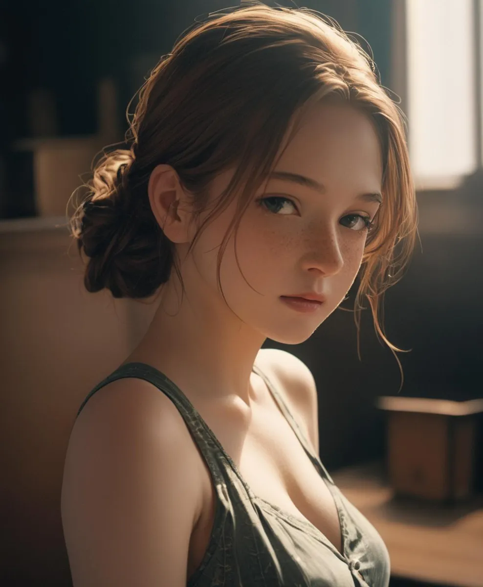 A beautiful young woman with a subtle expression, created with Stable Diffusion AI. She has light brown hair styled in a loose bun, adorned with soft lighting that highlights her delicate features.