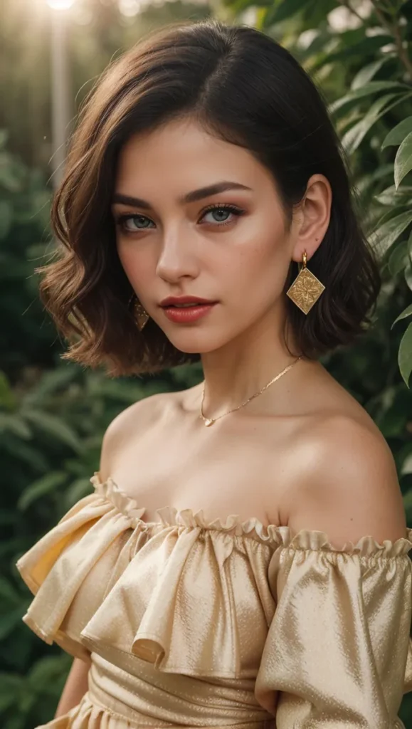 A stunningly beautiful woman with short wavy hair, wearing a shimmering gold off-shoulder dress and gold square earrings. AI generated image using Stable Diffusion.