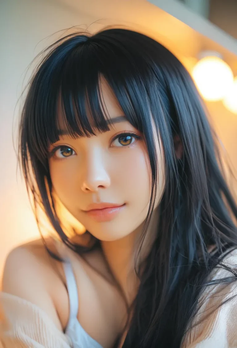 A beautiful young woman with long black hair and bangs, softly illuminated by warm natural light, generated by AI using Stable Diffusion.