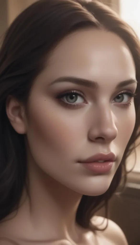 A close-up realistic portrait of a beautiful woman with soft facial features, perfect skin, and penetrating eyes. This is an AI generated image using stable diffusion.