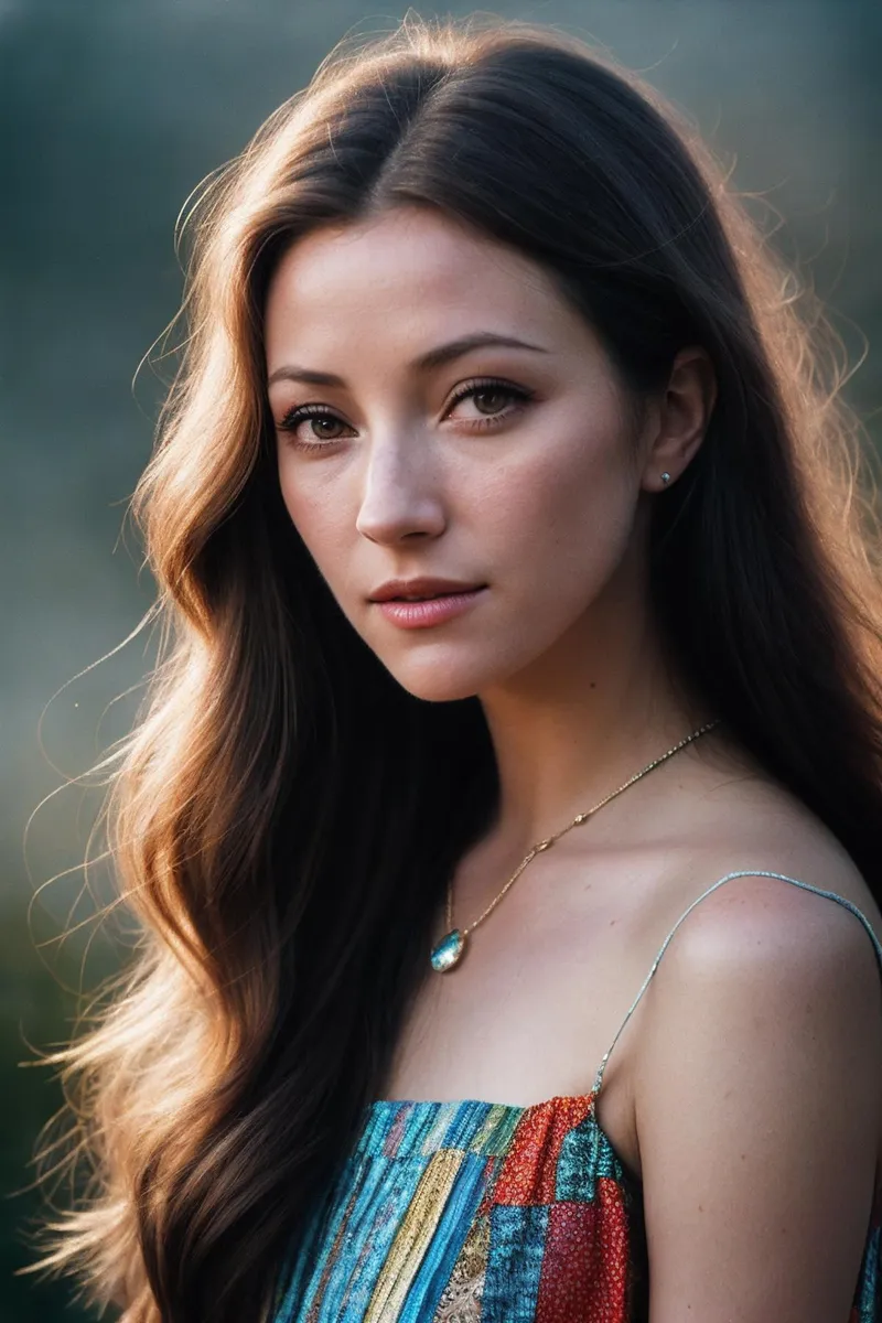 A portrait of a beautiful woman with long, wavy brown hair wearing a colorful striped dress and a delicate gold necklace with a blue pendant, AI generated image using Stable Diffusion.