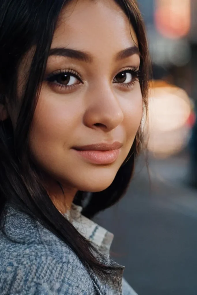 Close-up portrait of a beautiful woman with a serene expression created using stable diffusion, an ai image generation tool.