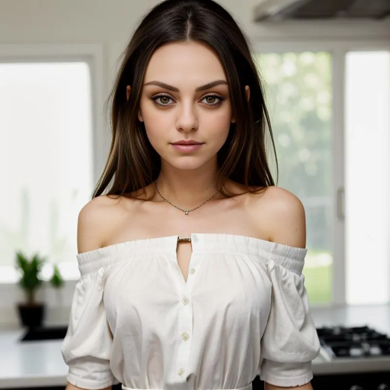 AI generated image using stable diffusion showing a beautiful woman with long dark hair, wearing an off-shoulder white blouse, standing in a well-lit modern kitchen.